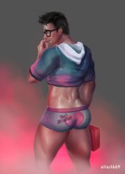 Rule 34 | 1boy, absurdres, aliast669, aqua hoodie, artist name, ass, back, bara, black hair, boxer briefs, cropped hoodie, dead by daylight, dwight fairfield, facial hair, first aid kit, glasses, grey male underwear, heart, heart print, highres, holding, hood, hood down, hoodie, looking back, male focus, male underwear, muscular, muscular male, parted lips, short hair, solo, thick thighs, thighs, underwear