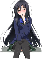 Rule 34 | 10s, 1girl, accel world, antenna hair, black hair, black pantyhose, blazer, blush, bow, brown eyes, cable, jacket, knees together feet apart, kuroyukihime, long hair, long sleeves, mouth hold, nose blush, pantyhose, pleated skirt, school uniform, simple background, sitting, skirt, solo, wince, youkan