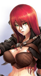 Rule 34 | 1girl, absurdres, breasts, cleavage, green eyes, highres, katarina (league of legends), large breasts, league of legends, long hair, midriff, navel, oz (gerbera7), red hair, scar, solo
