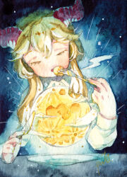 Rule 34 | 1girl, blonde hair, closed eyes, cloud, eating, floating, fork, glowing, hand up, hashtag-only commentary, highres, holding, holding fork, holding knife, horns, knife, long hair, long sleeves, moon, open mouth, original, painting (medium), pata (cannibal carnival), plate, red horns, signature, solo, traditional media, upper body, watercolor (medium)