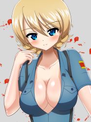 Rule 34 | 1girl, alternate costume, aoshidan school uniform, blonde hair, blouse, blue eyes, blue shirt, braid, braided bun, breasts, cleavage, closed mouth, collared shirt, darjeeling (girls und panzer), earlobe1514366, girls und panzer, grey background, hair bun, hand in own hair, highres, large breasts, looking at viewer, partially unbuttoned, school uniform, shirt, short hair, short sleeves, simple background, smile, solo, spanish flag, suspenders, twin braids, upper body