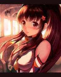 Rule 34 | 10s, 1girl, backlighting, bad id, bad pixiv id, blurry, blush, breasts, brown hair, cherry blossoms, depth of field, flower, hair flower, hair ornament, highres, interior, kantai collection, large breasts, letterboxed, long hair, okb329, personification, ponytail, ship, smile, solo, sunset, tears, very long hair, watercraft, yamato (kancolle)