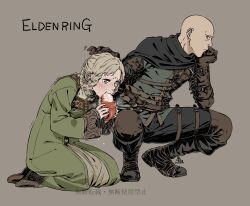 Rule 34 | 1boy, 1girl, arched back, armor, bald, black cape, blonde hair, boots, brown eyes, cape, chinese text, crying, dress, eating, elden ring, gloves, grey eyes, head on hand, headpat, highres, kamezaemon, knife, leather, leather armor, leather boots, leather gloves, lobster, patches (from software), rya (elden ring), shaking, signature, simple background, squatting, sweat, tears, thigh strap, throwing knife, weapon