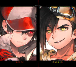 Rule 34 | 2boys, artist name, black hair, character name, creatures (company), ethan (pokemon), game freak, goggles, hat, kawacy, male focus, md5 mismatch, multiple boys, nintendo, pokemon, red (pokemon), red eyes, smile, smirk, yellow eyes