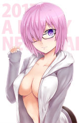 Rule 34 | 1girl, 2017, black-framed eyewear, blush, breasts, cardigan, cleavage, closed mouth, collarbone, covered navel, eyes visible through eyewear, fate/grand order, fate (series), female focus, glasses, hair over one eye, hand up, highres, hood, hood down, hoodie, large breasts, light purple hair, lips, looking at viewer, mash kyrielight, neck, open cardigan, open clothes, open hoodie, purple eyes, short hair, sleeves past wrists, smile, solo, tipo (tipoplaza), type-moon, unzipped, upper body, white hoodie, zipper