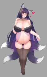 Rule 34 | 13otsu, 1girl, absurdres, animal ears, azur lane, babydoll, big belly, black thighhighs, blunt bangs, blush, bra, breasts, cleavage, curvy, facial mark, fox ears, fox girl, fox tail, full body, fur-trimmed bra, fur trim, hair ornament, heart, highres, huge breasts, jewelry, kitsune, long hair, looking at viewer, magatama, magatama necklace, multiple tails, musashi (azur lane), necklace, panties, parted lips, pregnant, purple hair, shiny skin, sidelocks, simple background, smile, solo, standing, tail, thick thighs, thighhighs, thighs, underwear, very long hair, whisker markings, wide hips, yellow eyes