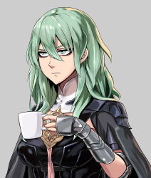 Rule 34 | 1girl, annoyed, arm guards, armor, bags under eyes, black cape, breasts, byleth (female) (fire emblem), byleth (fire emblem), cape, closed mouth, coffee mug, cup, damagefloor, fire emblem, fire emblem: three houses, green eyes, green hair, grey background, hair between eyes, half-closed eyes, highres, holding, holding cup, long hair, medium breasts, mug, nintendo, pauldrons, shoulder armor, simple background, solo, spoilers, upper body, v-shaped eyebrows, vambraces