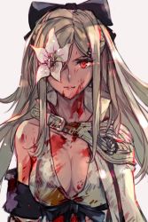 Rule 34 | 1girl, bare shoulders, blood, breasts, cleavage, detached sleeves, drag-on dragoon, drag-on dragoon 3, flower, flower eyepatch, flower over eye, hair ribbon, hungry clicker, long hair, parted lips, red eyes, ribbon, simple background, solo, white background, white hair, zero (drag-on dragoon)