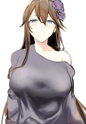 Rule 34 | 112san, 1girl, bare shoulders, blue eyes, blush, breasts, brown hair, closed mouth, clothes down, collarbone, commentary, facing viewer, flower, granblue fantasy, hair between eyes, hair flower, hair ornament, highres, large breasts, long hair, looking at viewer, off-shoulder, off-shoulder sweater, off shoulder, rosetta (granblue fantasy), simple background, solo, sweater, white background
