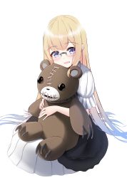 Rule 34 | 1girl, :d, absurdres, blonde hair, blue eyes, blush, character request, claws, dress, full body, glasses, highres, indie virtual youtuber, long hair, looking at viewer, nekobaka, hugging object, open mouth, puffy short sleeves, puffy sleeves, sharp teeth, short sleeves, simple background, smile, solo, stitched mouth, stitches, stuffed animal, stuffed toy, teddy bear, teeth, transparent background, very long hair, virtual youtuber, white background, white dress