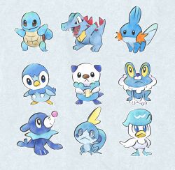 Rule 34 | animal focus, beak, bird, black eyes, blue eyes, brown eyes, colored sclera, colored skin, commentary request, creatures (company), crocodilian, duck, fangs, fins, freckles, froakie, frog, frown, game freak, gen 1 pokemon, gen 2 pokemon, gen 3 pokemon, gen 4 pokemon, gen 5 pokemon, gen 6 pokemon, gen 7 pokemon, gen 8 pokemon, head fins, highres, metikyun, mudkip, nintendo, no humans, open mouth, oshawott, penguin, piplup, pokemon, pokemon (creature), popplio, quaxly, shell, simple background, snout, sobble, squirtle, totodile, trait connection, turtle, white background, white skin, yellow sclera