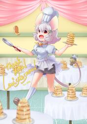 Rule 34 | 1girl, absurdres, alternate costume, animal ears, apron, bbb (33kudo), breasts, brown eyes, brown footwear, chef, chef hat, commission, flipping food, food, fork, frying pan, full body, grey hair, grey skirt, hair between eyes, hair ornament, hairclip, hat, highres, holding, holding with tail, indoors, knife, looking at viewer, medium bangs, mouse ears, mouse girl, mouse tail, nazrin, open mouth, pancake, pancake stack, pencil skirt, prehensile tail, second-party source, shirt, shoes, short hair, skirt, small breasts, smile, socks, solo, souffle pancake, standing, tail, thank you, touhou, waist apron, white apron, white hat, white shirt, white socks