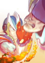 Rule 34 | 2boys, agile (mega man), android, capcom, clenched hand, clenched teeth, commentary request, fighting, fire, green eyes, helmet, hudy8358, male focus, mega man (series), mega man x2, mega man x (series), motion blur, multiple boys, muscular, parody, punching, second armor x (mega man), serious, shouryuuken, street fighter, teeth, uppercut, x (mega man)