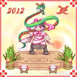 Rule 34 | 10s, 1girl, 2012, bamboo, dragon, dress, eastern dragon, female focus, hat, kadomatsu, kisasage kouta, lowres, nagae iku, new year, pixel art, solo, touhou