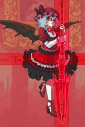 Rule 34 | 1girl, alternate costume, bat wings, blue hair, female focus, frills, hat, high heels, highres, lace, momijigari, polearm, red eyes, remilia scarlet, shoes, short hair, solo, spear, spear the gungnir, touhou, weapon, wings