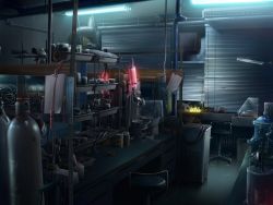 Rule 34 | cable, dark, erlenmeyer flask, flask, fluorescent lamp, glowing, industrial pipe, laboratory, lamp, living, no humans, original, photorealistic, realistic, scenery, still life