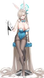 Rule 34 | 1girl, absurdly long hair, absurdres, animal ears, arm up, asuna (blue archive), asuna (bunny) (blue archive), bare shoulders, black panties, black pantyhose, blue archive, blue bow, blue bowtie, blue eyes, blue leotard, blue ribbon, bow, bowtie, breasts, cleavage, collar, detached collar, fake animal ears, gloves, grin, hair over one eye, hair ribbon, high heels, highleg, highleg leotard, highres, holding, holding clothes, holding panties, holding underwear, large breasts, leotard, light brown hair, long hair, looking at viewer, mole, mole on breast, nemun (tamizzz), official alternate costume, on stool, one eye covered, panties, pantyhose, playboy bunny, rabbit ears, ribbon, simple background, sitting, smile, solo, stool, strapless, strapless leotard, underwear, very long hair, white background, white collar, white footwear, white gloves, wing collar