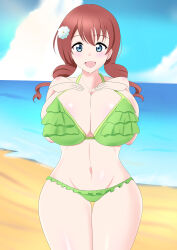 Rule 34 | 1girl, absurdres, alternate hairstyle, aqua eyes, bare shoulders, beach, bikini, blush, breasts, brown hair, cleavage, cloud, emma verde, freckles, green bikini, hands on own chest, highres, huge breasts, jewelry, long hair, looking at viewer, love live!, love live! nijigasaki high school idol club, navel, necklace, ocean, open mouth, outdoors, sand, sky, smile, solo, standing, suwenaga, swimsuit, thighs, water
