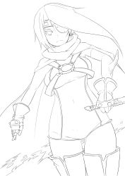 Rule 34 | 1girl, cape, dagger, elbow gloves, eyepatch, female focus, frown, gloves, gluteal fold, greyscale, johnny funamushi, kanon (wild arms 2), knife, monochrome, prosthesis, short hair, single elbow glove, single glove, skirt, solo, thighhighs, weapon, white background, wild arms, wild arms 2