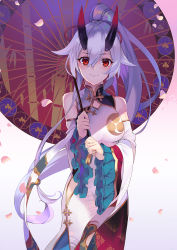 Rule 34 | 1girl, bare shoulders, breasts, china dress, chinese clothes, crossed bangs, detached sleeves, dress, fate/grand order, fate (series), gold trim, grey hair, hair between eyes, hair ribbon, heroic spirit traveling outfit, high collar, highres, holding, holding umbrella, horns, layered sleeves, long hair, looking at viewer, medium breasts, oil-paper umbrella, oni, oni horns, ponytail, red eyes, red ribbon, ribbon, smile, solo, soupchan, tomoe (symbol), tomoe gozen (fate), tomoe gozen (traveling outfit) (fate), umbrella, very long hair, wide sleeves