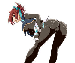 Rule 34 | 1girl, ahoge, ass, bent over, blue eyes, bodysuit, breasts, glint, hair ribbon, lean picchner, looking at viewer, looking back, open mouth, phantasy star, phantasy star online 2, red hair, ribbon, shiny clothes, short hair, simple background, skin tight, solo, tokiwa mmm, white background, yasaka hitsugi