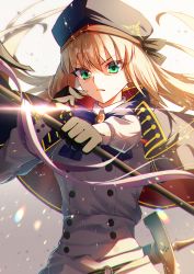 Rule 34 | 1girl, absurdres, artoria caster (fate), artoria caster (second ascension) (fate), artoria pendragon (fate), belt, beret, black gloves, blonde hair, blue belt, blue headwear, bow, cloak, closed mouth, collared shirt, fate/grand order, fate (series), gloves, gold trim, green eyes, hair bow, hat, highres, holding, holding staff, long hair, long sleeves, looking at viewer, multicolored cloak, one heart1201, purple bow, shirt, skirt, staff, sun, sunlight, sword, twintails, weapon, white background, white skirt