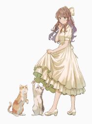 Rule 34 | 1girl, animal, bare arms, bare shoulders, blush, bow, brown hair, cat, closed mouth, commentary, dress, full body, green eyes, grey background, hair bow, high heels, highres, long hair, original, redrawn, saino misaki, simple background, skirt hold, sleeveless, sleeveless dress, solo, standing, symbol-only commentary, white bow, white dress, white footwear