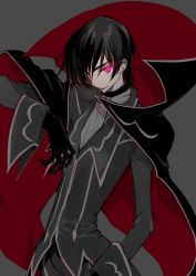 Rule 34 | 1boy, ascot, black cape, black gloves, black hair, cape, closed mouth, code geass, contrapposto, creayus, gloves, glowing, glowing eyes, grey background, grey jacket, grey pants, high collar, jacket, lelouch vi britannia, long sleeves, looking at viewer, m&amp;m (mickey and mackey), male focus, multicolored cape, multicolored clothes, pants, pink eyes, red cape, simple background, smile, solo, standing, upper body