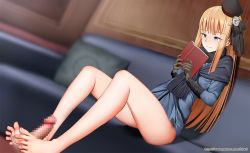 Rule 34 | 1girl, barefoot, blonde hair, blue eyes, blush, censored, couch, fate/grand order, fate (series), feet, footjob, hat, long hair, lord el-melloi ii case files, penis, reading, reines el-melloi archisorte, sitting, smile, toes