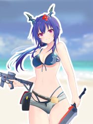 Rule 34 | 1girl, arknights, bad id, bad pixiv id, bare arms, bare shoulders, beach, bikini, blue bikini, blue hair, blurry, blurry background, breasts, ch&#039;en (arknights), ch&#039;en the holungday (arknights), ch&#039;en the holungday (elite ii) (arknights), chinese commentary, cleavage, closed mouth, collarbone, commentary request, cowboy shot, dragon horns, exusiai dust, flower, front-tie bikini top, front-tie top, grey shorts, gun, hair between eyes, hair flower, hair ornament, highleg, highleg bikini, highres, holding, holding gun, holding sword, holding weapon, horns, long hair, looking at viewer, medium breasts, navel, official alternate costume, official alternate hairstyle, outline, partial commentary, red eyes, red flower, rhodes island logo (arknights), short shorts, shorts, smile, solo, standing, stomach, string bikini, swimsuit, sword, very long hair, weapon, white outline