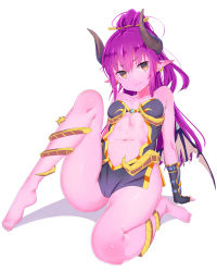 Rule 34 | 1girl, arm support, artist request, barefoot, borrowed character, colored skin, demon girl, demon horns, demon wings, feet, full body, gold trim, head tilt, high ponytail, highres, horns, leaning back, long hair, looking at viewer, ming (mg), navel, original, pink skin, pointy ears, purple hair, reclining, red eyes, simple background, solo, very long hair, white background, wings