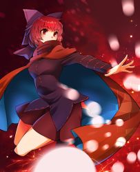 Rule 34 | 1girl, black shirt, blurry, blush, bow, breasts, cape, covered mouth, danmaku, depth of field, grid, hair bow, highres, long sleeves, looking afar, materializing, medium breasts, motion blur, open hand, outstretched arm, pleated skirt, red cape, red eyes, red hair, red pupils, red skirt, red theme, sekibanki, shirt, short hair, signature, skirt, solo, sparkle, thighs, touhou, umigarasu (kitsune1963)