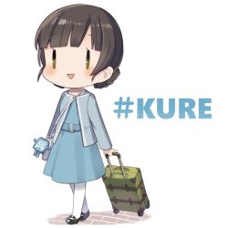 Rule 34 | 1girl, blue dress, blue jacket, blunt bangs, braid, brown eyes, brown hair, commentary request, double bun, dress, fairy (kancolle), hair bun, highres, jacket, kantai collection, kure-shi, long hair, luggage, official alternate costume, rolling suitcase, simple background, smile, solo, suitcase, twin braids, white background, white legwear, yamashichi (mtseven), yawata maru (kancolle), | |