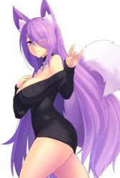 Rule 34 | animal ear fluff, animal ears, bare shoulders, black sweater, blue eyes, breasts, closed mouth, commentary, commission, detached collar, english commentary, eyes visible through hair, fox ears, fox shadow puppet, fox tail, from side, hair over one eye, hand on own chest, hands up, highres, kazukoto, legs up, long hair, long sleeves, looking at viewer, medium breasts, off-shoulder sweater, off shoulder, original, purple hair, smile, solo, standing, sweater, tail, transparent background, very long hair