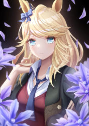 Rule 34 | 1girl, absurdres, animal ears, blonde hair, blue eyes, blue necktie, bow, closed mouth, ear bow, flower, gold city (umamusume), green jacket, highres, horse ears, horse girl, jacket, long hair, looking at viewer, loose necktie, mu-to, necktie, petals, purple flower, red sweater, smile, solo, sweater, sweater vest, umamusume