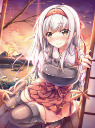 Rule 34 | 10s, 1girl, blush, hairband, japanese clothes, kantai collection, long hair, md5 mismatch, muneate, porch, resolution mismatch, shoukaku (kancolle), silver hair, smile, solo, source smaller, thighhighs, vashaps2