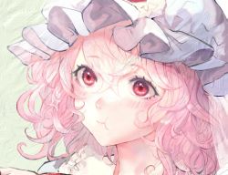 Rule 34 | 1girl, :t, blue hat, blush, commentary request, green background, hair between eyes, hat, looking at viewer, mob cap, mochacot, pink hair, portrait, red eyes, saigyouji yuyuko, short hair, smile, solo, sparkle, touhou, veil