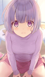 Rule 34 | 1girl, blunt bangs, blurry, blurry background, breasts, closed mouth, commentary request, cowboy shot, dot nose, frown, furrowed brow, highres, indoors, izumi nanae, komone ushio, light blush, long sleeves, looking at viewer, medium breasts, original, pink skirt, pleated skirt, purple eyes, purple shirt, shirt, short hair, sitting, skirt, solo, straight-on, table, taut clothes, taut shirt, v arms, wariza, wide-eyed