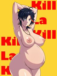 Rule 34 | 1girl, aged up, armpits, arms behind head, arms up, breasts, completely nude, earrings, female focus, fungus-man, highres, jewelry, kill la kill, large breasts, looking at viewer, matoi ryuuko, necklace, nude, pregnant, short hair, solo, thick thighs, thighs