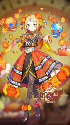 Rule 34 | 1girl, artist request, black thighhighs, blonde hair, blurry, blurry background, bodysuit, dress, facial mark, flat chest, flower, food fantasy, full body, hand on own chest, heels, highres, jewelry, pan de muerto (food fantasy), ring, see-through, see-through bodysuit, skirt, skull, smile, thighhighs, yellow eyes