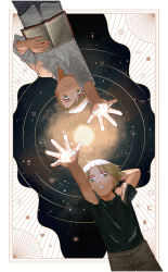 Rule 34 | 2boys, alphonse elric, arm behind head, black shirt, blonde hair, book, book on lap, brothers, brown pants, commentary, constellation, cross, cube, edward elric, emmmerald, english commentary, expressionless, fingernails, full moon, fullmetal alchemist, gem (symbol), heart, highres, light smile, long sleeves, looking up, male focus, moon, multiple boys, night, night sky, open book, outside border, outstretched arm, pants, planet, shield, shirt, short hair, siblings, sky, star (sky), starry sky, sun, sunlight, symbol, teeth, triangle, upper body, upside-down, water drop, weighing scale, white shirt, yellow eyes