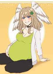 Rule 34 | 1girl, absurdres, adricarra, blue eyes, blush, breast tattoo, breasts, brown hair, cardigan, choker, cleavage, clover, eunie (xenoblade), four-leaf clover, green shirt, head wings, highres, large breasts, looking at viewer, medium breasts, pants, pregnant, shirt, sitting, smile, solo, sweatpants, tattoo, v-neck, white cardigan, white wings, wings, xenoblade chronicles (series), xenoblade chronicles 3