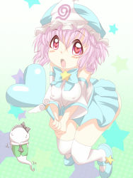 Rule 34 | 1girl, blush, blush stickers, breasts, covered erect nipples, ghost, gradient background, hat, heart, heart-shaped pupils, konpaku youmu (ghost), large breasts, magical girl, mob cap, open mouth, pink eyes, pink hair, saigyouji yuyuko, short hair, skirt, sleeveless, star (symbol), starry background, sweat, symbol-shaped pupils, thighhighs, touhou, triangular headpiece, wand, yanmarson