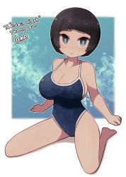 Rule 34 | 1girl, black hair, blue eyes, blue one-piece swimsuit, blunt bangs, breasts, character request, cleavage, collarbone, commentary request, competition swimsuit, copyright request, english text, frown, highleg, highleg swimsuit, lamb-oic029, large breasts, looking at viewer, one-piece swimsuit, shadow, short hair, simple background, sitting, solo, swimsuit, taut clothes, taut swimsuit, thank you, wariza, white background