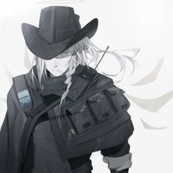 Rule 34 | 1girl, absurdres, angel wings, arknights, bad id, bad twitter id, black cape, braid, cape, closed mouth, cowboy hat, greyscale, hair lift, halo, hat, highres, layered sleeves, long hair, looking at viewer, monochrome, outcast (arknights), partially colored, radio, simple background, solo, tou toutou, upper body, walkie-talkie, white background, white hair, wings
