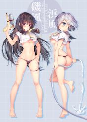 Rule 34 | 10s, 2girls, adapted costume, black hair, black panties, blue eyes, blush, breast lift, breasts, covered erect nipples, eyes visible through hair, feet, full body, gluteal fold, grey background, grid background, hair ornament, hairclip, hamakaze (kancolle), highres, holding, holding weapon, hose, isokaze (kancolle), kantai collection, large breasts, leg lift, long hair, looking at viewer, multiple girls, navel, neckerchief, no bra, obiwan, panties, red eyes, sailor collar, school uniform, serafuku, short hair, sideboob, silver hair, skindentation, thigh strap, thong, underboob, underwear, water, water gun, weapon, wet, wet clothes, yellow neckerchief