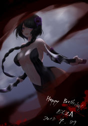 Rule 34 | 1girl, absurdres, armpits, backless dress, backless outfit, bare shoulders, black bridal gauntlets, black dress, black hair, blood, blood on breasts, blood on face, bloody weapon, braid, breasts, bridal gauntlets, brown pantyhose, center opening, character name, cleavage, cocktail dress, commentary request, dated, dress, dual wielding, elsa granhilte, flower, frilled bridal gauntlets, grey sky, hair flower, hair ornament, happy birthday, highres, holding, holding knife, knife, kukri, lips, long hair, looking at viewer, medium breasts, mole, mole under eye, navel, night, no cape, pantyhose, parted lips, purple eyes, purple flower, purple rose, purple trim, rakuda (rakuda0401), re:zero kara hajimeru isekai seikatsu, rose, side braid, sky, smile, solo, strapless, strapless dress, torn skin, very long hair, weapon