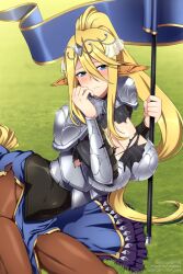 Rule 34 | 1girl, animal ears, armor, black bodysuit, blonde hair, blue eyes, blue skirt, blush, bodysuit, breasts, broken armor, centaur, centorea shianus, circlet, cleavage, closed mouth, commentary, english commentary, flag, hair between eyes, hand up, highres, holding, holding pole, horse ears, horse tail, large breasts, lindaroze, long hair, long skirt, looking at viewer, monster girl, monster musume no iru nichijou, official alternate costume, on grass, paid reward available, pointy ears, pole, ponytail, shadow, shoulder armor, sidelocks, sitting, skirt, solo, tail, taur, torn bodysuit, torn clothes, torn skirt, twitter username, vambraces, very long hair, watermark, web address, yokozuwari