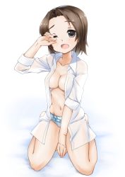 Rule 34 | 10s, 1girl, arm support, blue panties, breasts, brown eyes, brown hair, cleavage, collarbone, commentary request, dress shirt, frilled panties, frills, full body, girls und panzer, highres, looking at viewer, medium breasts, navel, no bra, no pants, one eye closed, open clothes, open mouth, open shirt, panties, parted bangs, rubbing eyes, sawa azusa, shirt, short hair, sitting, sleeves rolled up, solo, toon (noin), underwear, white background