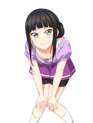 Rule 34 | 10s, 1girl, alternate hairstyle, black hair, blunt bangs, blush, breasts, cleavage, collarbone, downblouse, exercising, green eyes, hair bun, highres, knees together feet apart, kurosawa dia, leaning forward, looking at viewer, love live!, love live! sunshine!!, mole, mole under mouth, official style, shorts, single hair bun, smile, solo, sweat, yu-ta